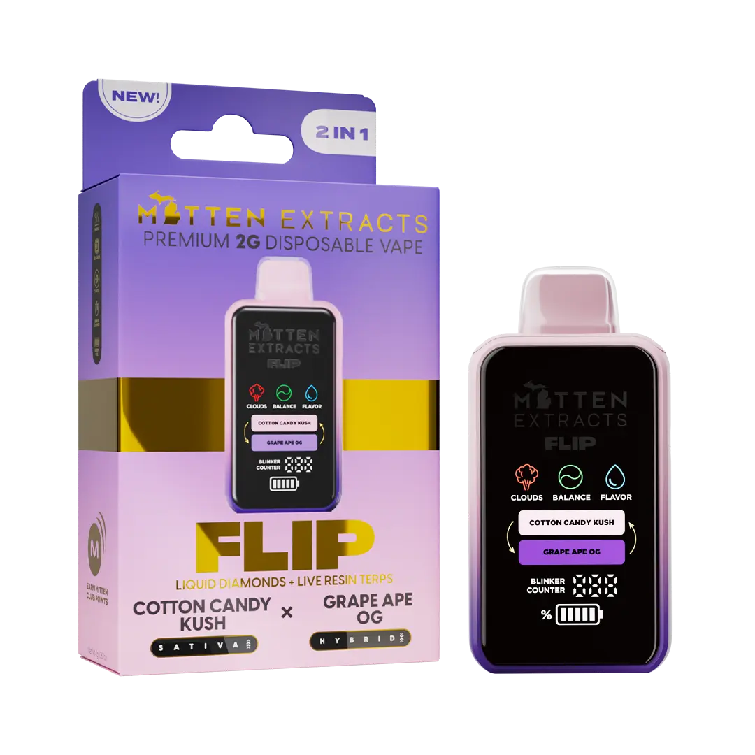 Cotton Candy Kush X Grape Ape OG FLIP Disposable Vape 2G | Mitten Extracts Cotton Candy Kush X Grape Ape OG FLIP Disposable Vape 2G | Mitten Extracts