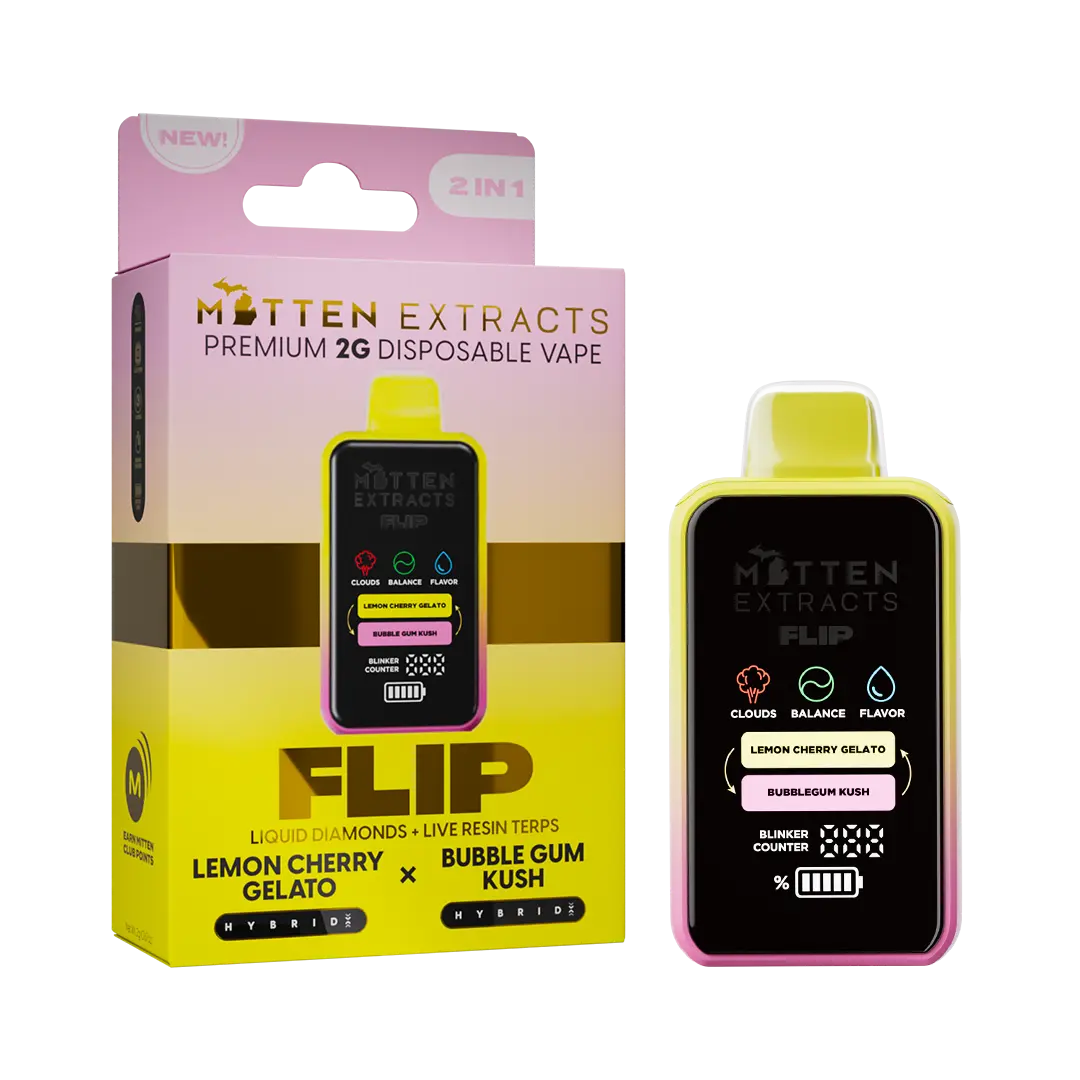 Lemon Cherry Gelato X Bubblegum Kush FLIP Disposable Vape 2G | Mitten Extracts Lemon Cherry Gelato X Bubblegum Kush FLIP Disposable Vape 2G | Mitten Extracts